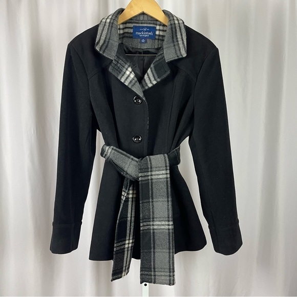 Mackintosh XL Wool Plaid Scarf Belted Longline Pea Coat Winter Warm Fleece - Picture 2 of 9